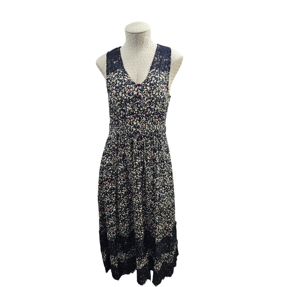 Ranna Gill Black Floral Lace Trim Peasant Prairie VNeck Sleeveless Midi Dress XS